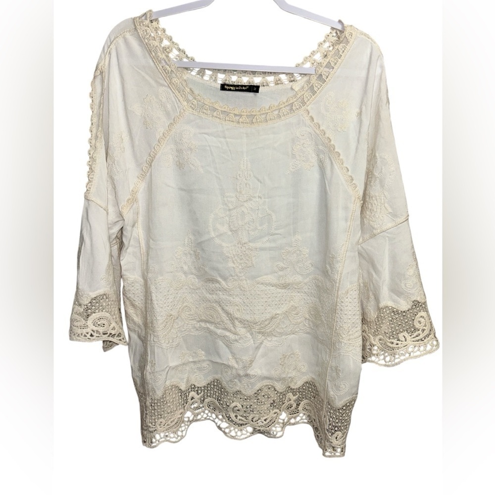 SPIAGGIA DOLCE Size M Embroidered Bohemian 3/4 Sleeve Blouse Lace Bell Sleeve